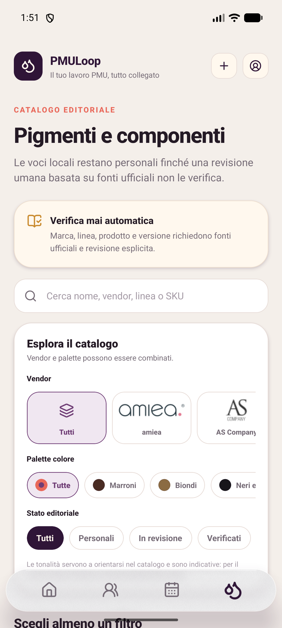 Catalogo PMULoop con filtri per vendor, palette colore e stato editoriale